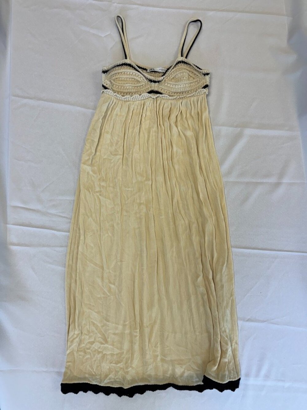 Zara Ecru Crochet Knit Maxi Dress Babydoll Silhouette Black Trim Size M Rare - Picture 2 of 11